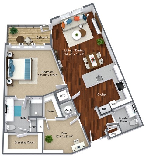 Floor plan for 2 beds, 1.5 baths, 1005 sqft
